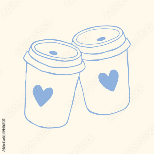 Hand drawn two coffee cups with heart symbols in minimalist blue line style. Cute romantic cafe vector illustration perfect for Valentine design, coffee shop branding, menu and packaging