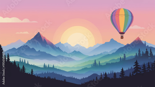 Colorful hot air balloon flying over a serene mountain landscape at sunset with vibrant sky