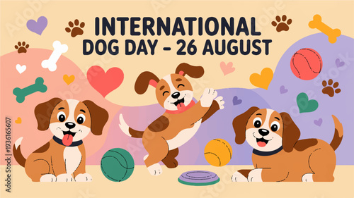 Three playful brown dogs celebrate international dog day on august 26 with colorful toys and hearts