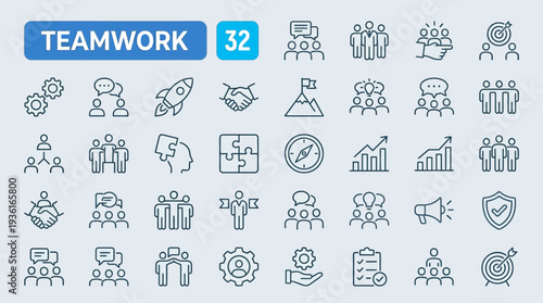 Collection of 32 Teamwork and Collaboration Icons in Minimalist Design.