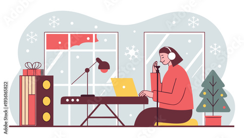 A woman wearing white headphones sits at a desk using a laptop and a microphone to record music in a home studio decorated for Christmas.