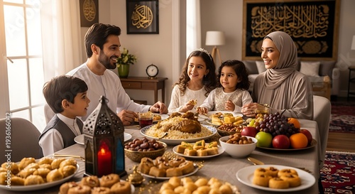 Muslim family enjoying iftar meal together during Ramadan.