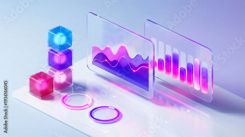 Obraz na płótnie Isometric 3D data analytics dashboard with glass financial charts and graphs