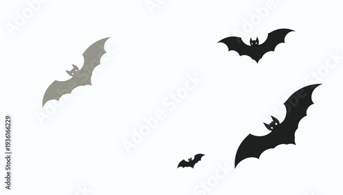 Collection of black and gray bats in flight against a white background.