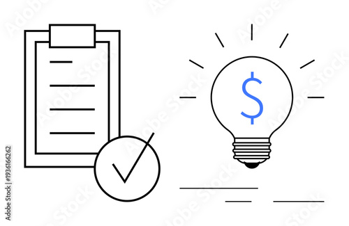 Goal setting, financial planning, innovation strategy, business management, task completion, productivity. A checklist with a tick mark and a dollar sign in a lightbulb. Goal setting and financial