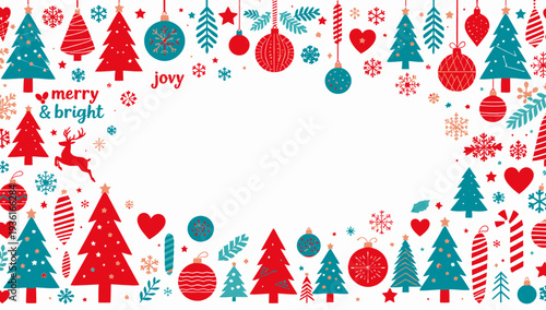 Christmas festive frame with trees and ornaments decoration.