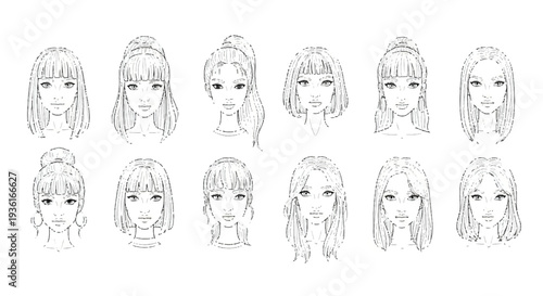 Variations of female hairstyles and facial in monochromatic line