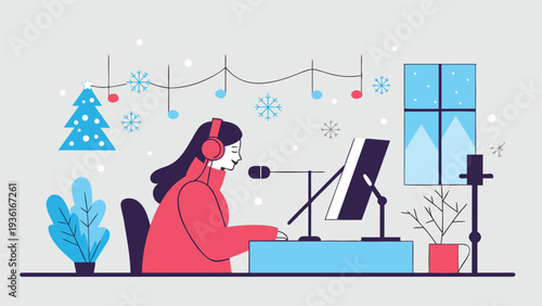 Profile view of a woman in a red sweater recording audio at her desk with a microphone and computer in a room decorated for the winter holidays.