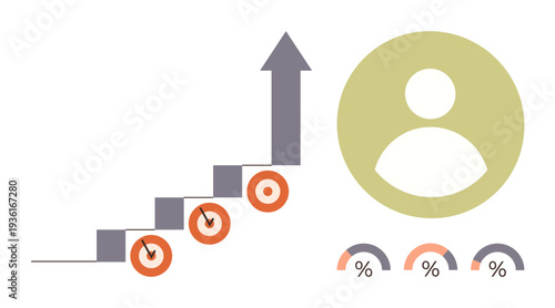 Business growth, performance analytics, user engagement, progress tracking, data visualization, goal setting. Chart with arrow, targets user icon and percentage indicators. Business growth