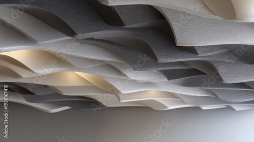 Modern wavy acoustic ceiling panels with soft lighting create a serene and sophisticated architectural background.