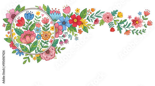 Colorful floral wreath with embroidered flowers and leaves on white background.
