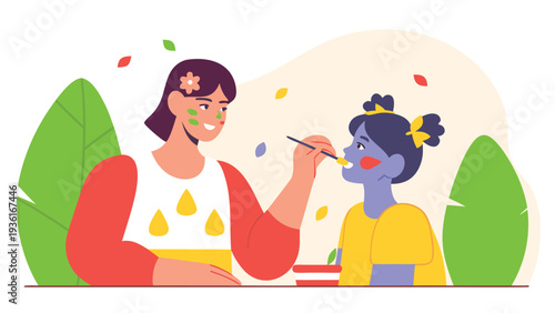 A woman with a flower in her hair is painting the face of a young girl with blue and yellow pigments in a garden setting.