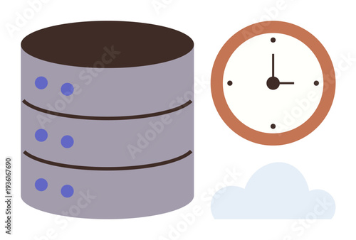 Data management, cloud computing, backup systems, time management, modern technology, digital storage. Server, clock and cloud visuals. Data management and cloud computing illustrated