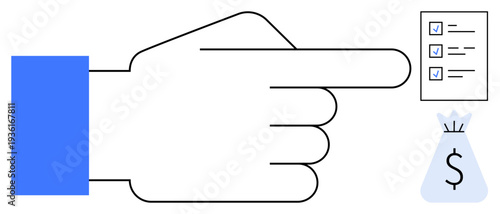 Hand pointing at a checklist with completed tasks and a money bag symbolizing financial goals and productivity. Ideal for business planning, task management, financial success, motivation, project