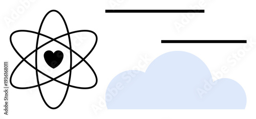 Atom with a heart core next to a blue cloud and linear elements conveying science, energy, love, and tech. Ideal for technology, cloud computing, innovation, connectivity, environmental care
