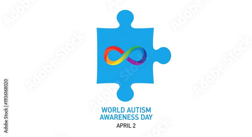 Blue puzzle piece with rainbow infinity symbol, promoting neurodiversity awareness and acceptance for autistic individuals