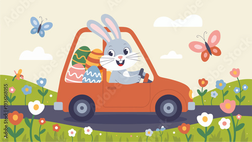 Happy easter bunny driving orange car with carrots and flowers through colorful spring landscape with butterflies