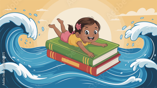 Happy child lying on stack of books floating on ocean waves with sunny background