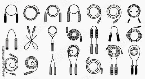 Collection of jump ropes with various styles arranged. A versatile tool for exercise and fitness, jump rope are isolated