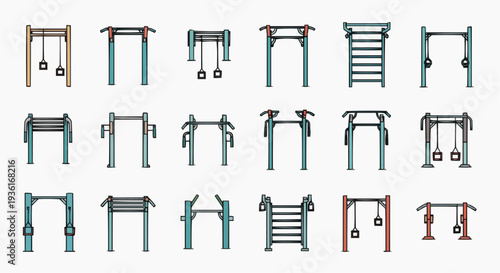 A set of diverse outdoor fitness equipment in a gym setting. The equipment includes various types of pull-up bars, gymnastic rings, and climbing structures for fitness activities