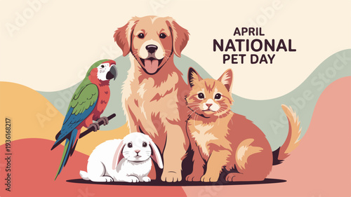 National pet day celebration with animals dog cat parrot and bunny on colorful background