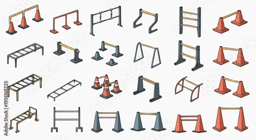 Assortment of traffic cones and barrier sets isolated on a surface, each designed for delineating areas and controlling flow. Suitable for road construction, public safety, and event management. 