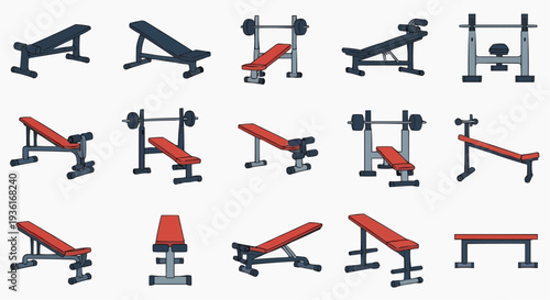 Different gym bench styles. Set of exercise equipment for weightlifting