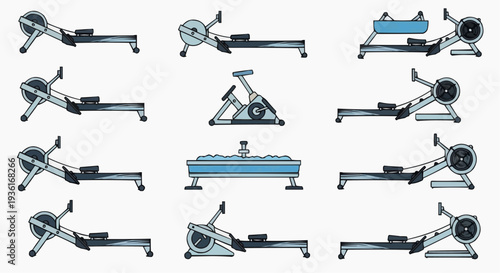 Rowing machines in a line illustration representing workout exercise equipment