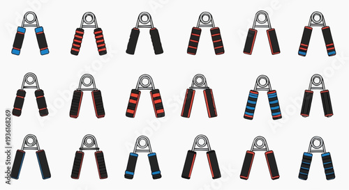 Rows of grip strength trainers with various colors, arranged against a uniform backdrop