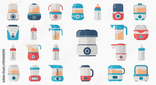 A variety of baby bottle warmers and related accessories laid out in an organized display