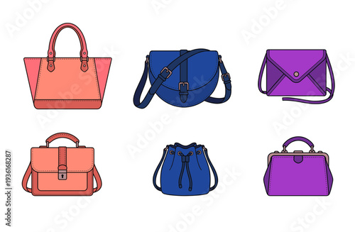 Fashion women handbags and shoulder bags collection vector flat illustration of stylish purses satchels tote and bucket bags in colorful palette