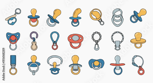 A collection of baby pacifiers and rattles arranged in a neat grid on a neutral background. The image showcases different shapes, colors, and designs