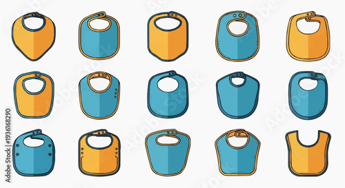 A collection of colorful baby bibs in various shapes and designs