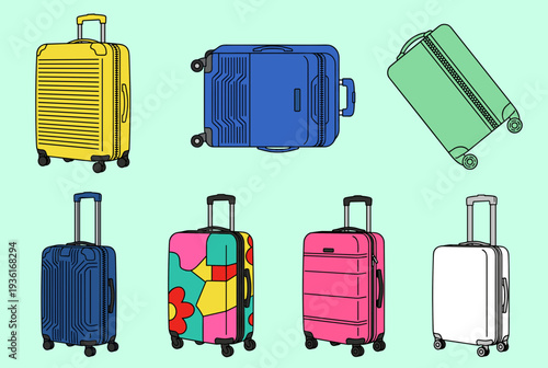 Colorful travel suitcases and luggage collection vector flat illustration of baggage with wheels handles and patterns for vacation and trip concept
