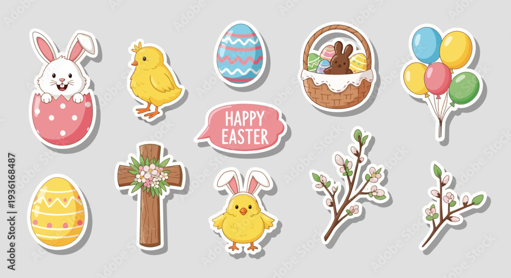 Fototapeta premium Easter-themed illustrations featuring bunnies, eggs, and chicks in a festive spring setting with floral elements and celebratory icons