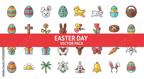 Easter day celebration icons set featuring eggs, bunnies, and crosses in various designs and colors