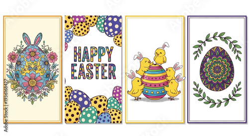 Vibrant Easter illustrations featuring decorated eggs and bunnies in a festive holiday display from a straightforward viewpoint