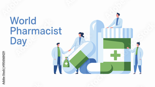 World pharmacist day illustration with pharmacist professionals and large medicine bottle