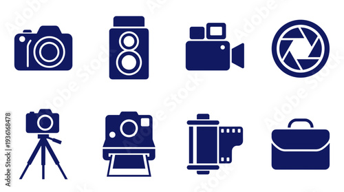 Photography and video production equipment flat icons set. Including DSLR camera, film roll, tripod, movie camera, lens aperture, and camera bag for professional photographer and media creative.