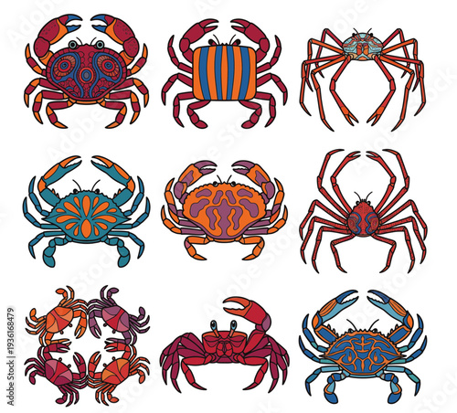 Decorative colorful crab species illustrations set with ethnic patterns. Stylized sea crustaceans and seafood icons for restaurant menus, ocean themes, and nautical graphic design elements.