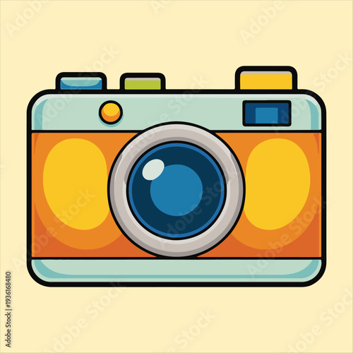 Cute Retro Camera Vector Illustration,
Colorful Cartoon Photo Camera Icon,
Vintage Style Digital Camera Clip Art.
