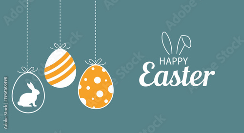 Easter eggs and bunny hanging from strings with Happy Easter text on a teal background from a close-up viewpoint