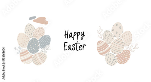 Easter Eggs Arranged in Floral Patterns with Happy Easter Greeting on Neutral Background from Direct Viewpoint
