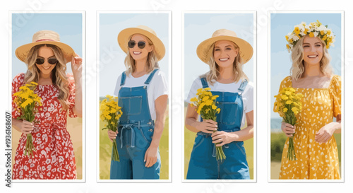 Four young women wearing hats and floral dresses standing in a field holding sunflowers