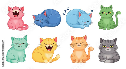 Colored cat emotions in relaxed and expressive posures animated cats cartoon cats sleeping cats feline expressions