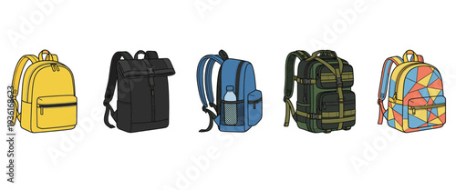 Set of modern backpacks and bags collection including hiking rucksack, roll top bag, school backpack, and tactical gear isolated on white background.