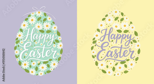 Decorative Easter eggs with floral patterns and 'Happy Easter' text on pastel backgrounds, showcasing festive spring designs from a straightforward view