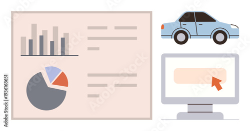 Business analytics, data visualization, transportation analysis, technology, report generation, corporate planning. Graphs, pie chart and a monitor with blue car image. Data visualization