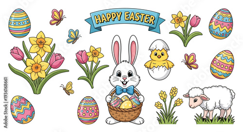 Easter celebration with bunny, eggs, flowers, and lamb in a vibrant spring scene viewed from above.