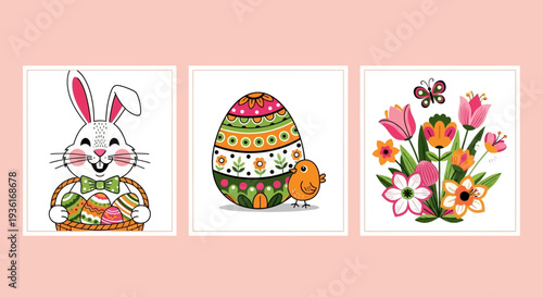 A vibrant Easter-themed illustration featuring a bunny, decorated egg, and floral arrangement in a festive display